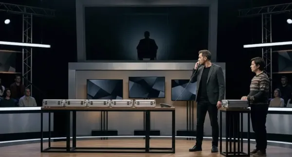 Spelshow i TV-studio med programledare och deltagare